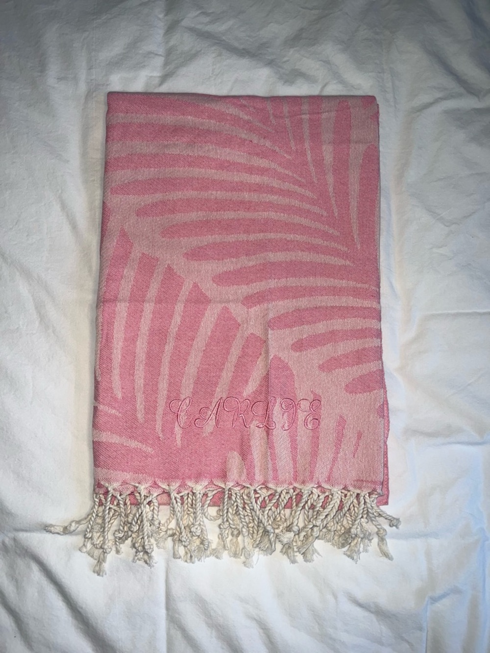 Pink Palm Pattern Turkish Towel with Fringe